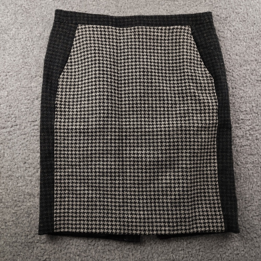 J.Crew Wool Pencil Skirt Womens 2 Black Gray Houndstooth Office Preppy EUC‎